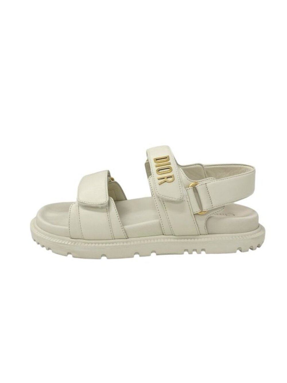 Christian Dioract Sandals Shoes Lambskin Ivory Gold Logo Velcro Strap - Picture 4 of 10